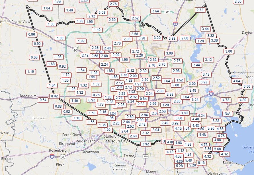 Rain gauges across Harris County showed less than anticipated rainfalls, especially for those located further inland from the Galveston Bay on Tuesday morning around 9:30 a.m.